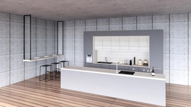 Strakke keuken met industriële betonnen muren en een mix van hout en grijze kleuren op het meubilair