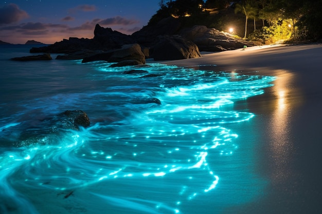 Stralend bioluminescerend plankton verlicht een donkere kustlijn