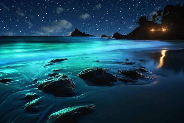 Stralend bioluminescerend plankton verlicht een donkere kustlijn