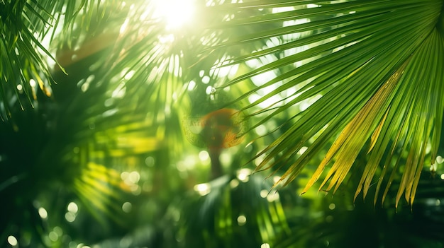 Stralend zonlicht op een schilderijperfecte achtergrond van tropisch groen en groene palmtuinen Generatieve AI