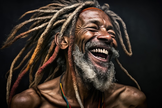 Stralende 55-jarige Jamaicaanse man met lange dreadlocks die positiviteit en geluk uitstraalt Generative AI