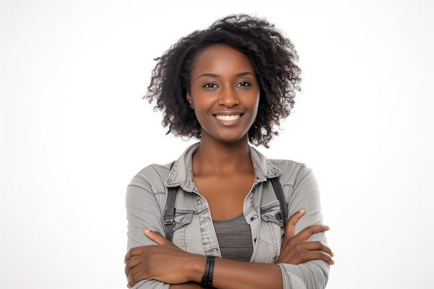 Stralende Afro-Amerikaanse vrouw met krullend haar armen gekruist in een casual grijze outfit die zelfvertrouwen uitstraalt