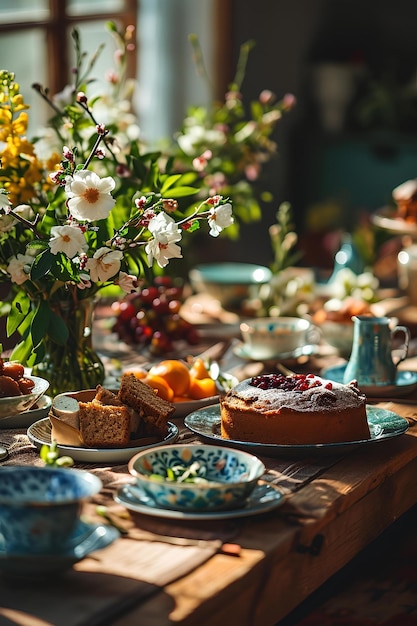 Stralende bloemen en snoep Paasfruit en taart op een prachtige tafel