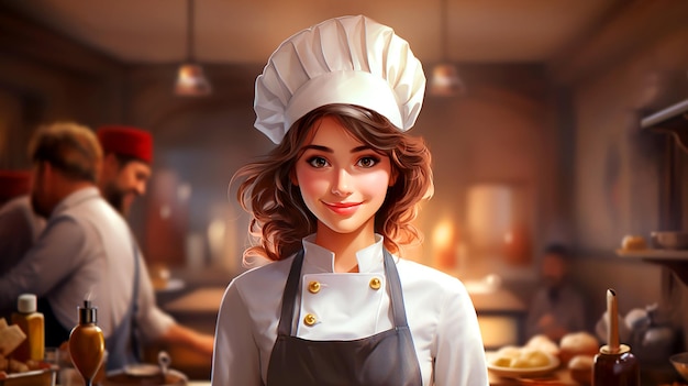 Stralende en aantrekkelijke cartoon afbeelding van een vrouwelijke kok