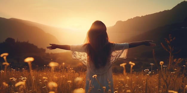 Foto stralende gelukzaligheid vrouw die met open handen de zonsondergang in de natuur omarmt