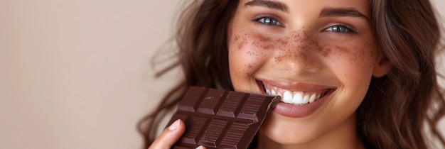 Foto stralende glimlachende vrouw met sproeten die van donkere chocolade geniet