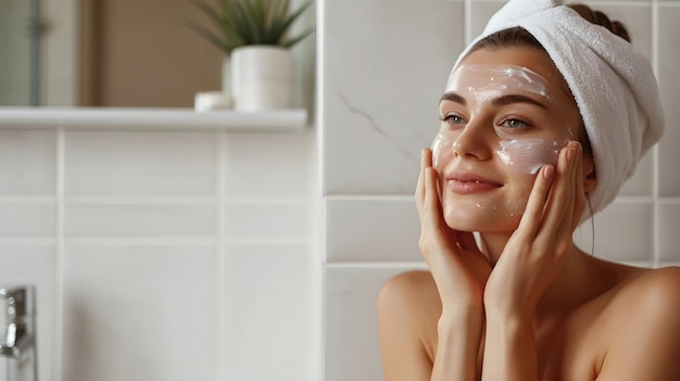 Foto stralende huidverzorging vrouw past hydraterende crème aan in huidverzorgdheid na het bad ritueel schoonheidsregime verfrissing