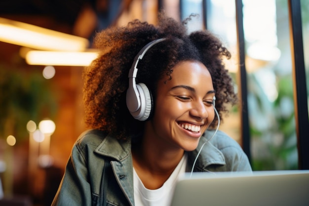 Stralende jonge vrouw geniet van muziek op koptelefoon terwijl ze aan haar laptop werkt