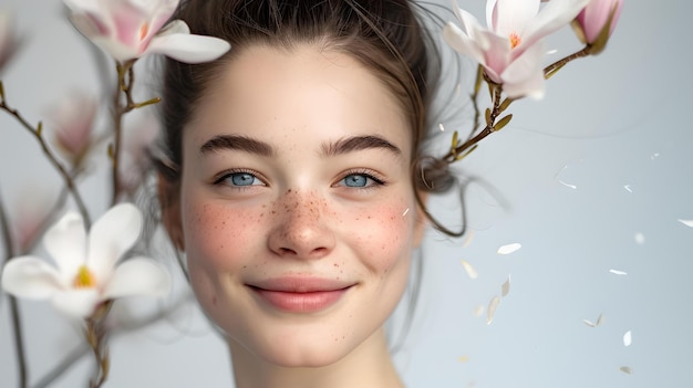 Stralende jonge vrouw met bloeiende bloemen serene schoonheid portret perfect voor wellness en cosmetica AI