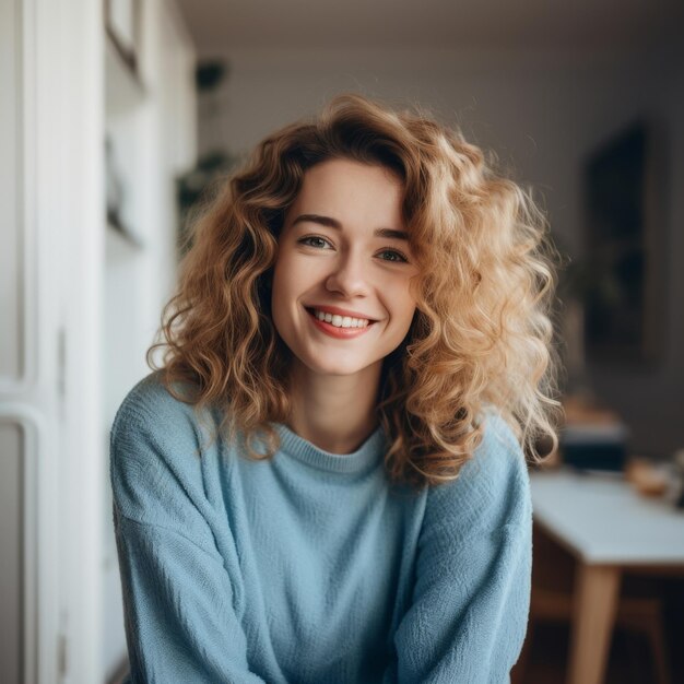 Stralende jonge vrouw met krullend blond haar die binnen een blauwe trui draagt