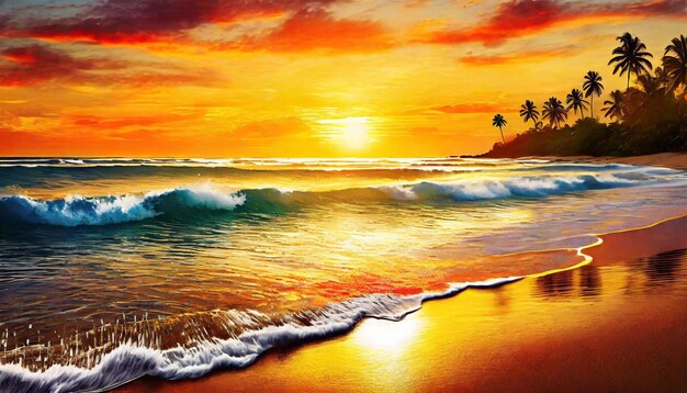 Stralende kustlijn Oranje zonsondergang zeegezicht in de tropen