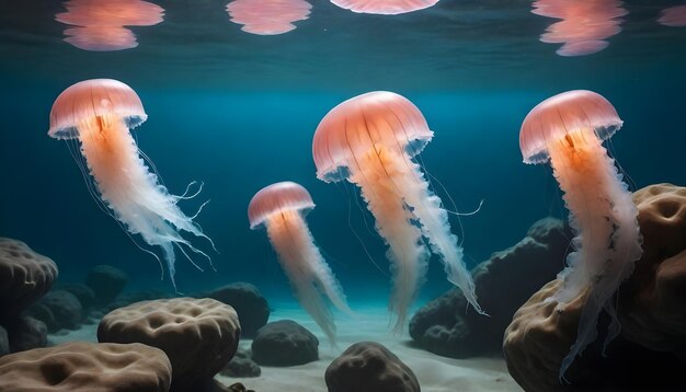 Stralende kwallen zwemmen diep in de blauwe zee.