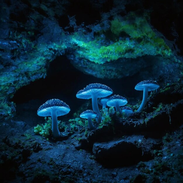 Stralende paddenstoelen groeien in een grot met groen mos