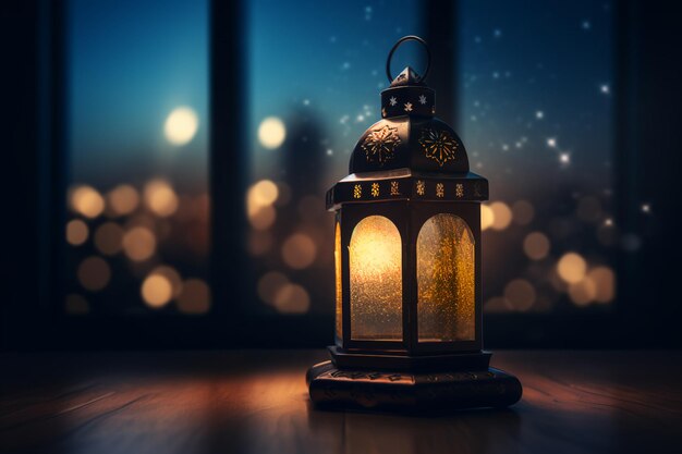 Stralende Ramadan-lantaarn in een donkere kamer met een donker en wazig beeld erachter generatieve ai
