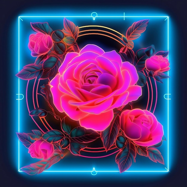 Foto stralende rozen roze bloemensamenstelling met neon frame ai