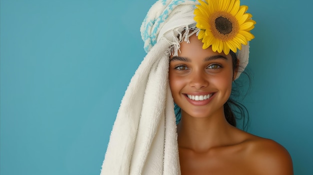 Stralende schoonheid met zonnebloem vrouw glimlachend in spa handdoek op blauwe achtergrond