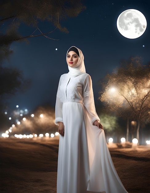 Stralende schoonheid Pakistaanse vrouw omarmend maanlicht sereniteit