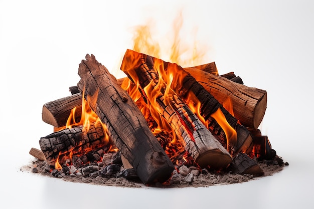 Stralende vlammen kampvuur vuur en hout tegen een witte achtergrond