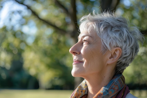 Stralende vreugde een serene oudere vrouw zalige glimlach in de natuur generatieve AI