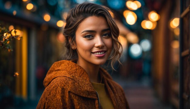 Stralende vrouw glimlacht op straat bij zonsondergang