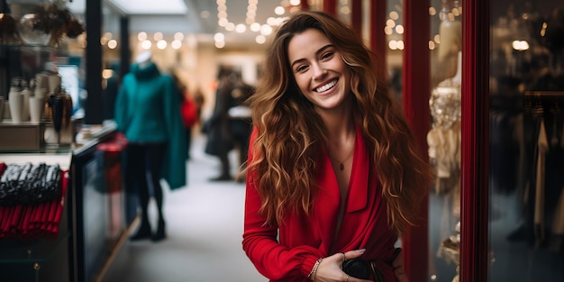 Stralende vrouw in het rood die geniet van winkelen in een casual stedelijke stijl boetiek-etalagescène AI