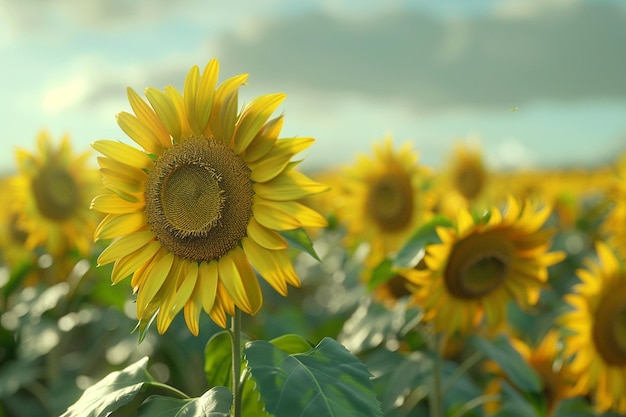 Stralende zonnebloemen zwaaien in een zachte bries
