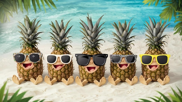 Strand achtergrond met ananas met zonnebril