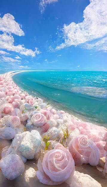 Strand gevuld met veel roze en witte bloemen generatieve ai