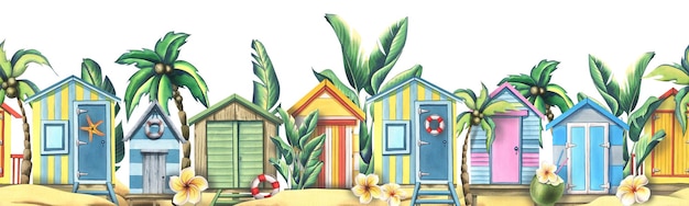 Strand houten huizen zijn kleurrijk op het zand met palmbomen bloemen en kokosnoten Aquarel illustratie Naadloze stoeprand uit de SURFING collectie Voor decoratie en design