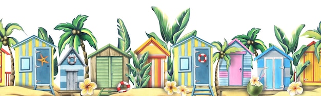 Strand houten huizen zijn kleurrijk op het zand met palmbomen bloemen en kokosnoten aquarel illustratie naadloze stoeprand uit de surfing collectie voor decoratie en design