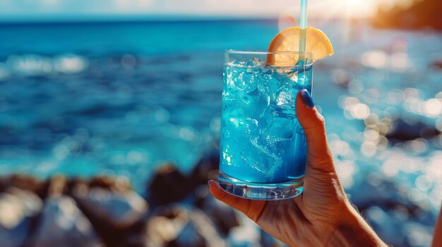 Strand met handen die een levendige blauwe cocktail vasthouden