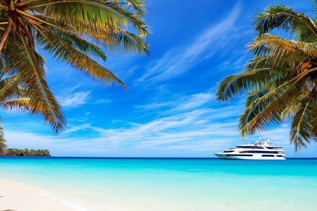 strand met kristalhelder water wit zand en wuivende palmbomen in de wind motorboot