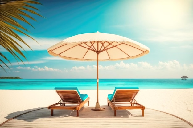 Strand met ligstoelen en ligbedden die wachten op vakantiegangers om te zwemmen en te relaxen in het verfrissende zeewater