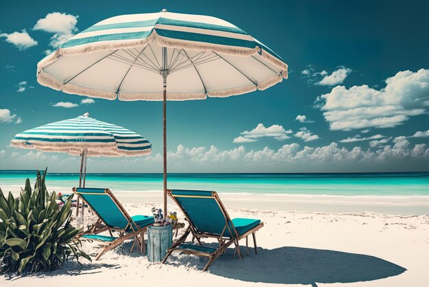 strand met ligstoelen en parasols