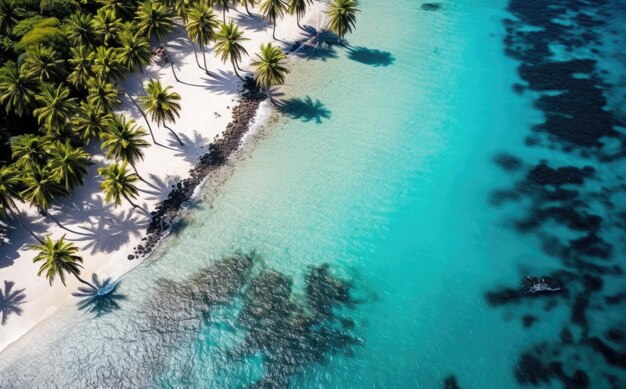 Strand met palmbomen aan de kust in de stijl van birdseyeview Turquoise en witte vlakweergave op strandluchtfotografie