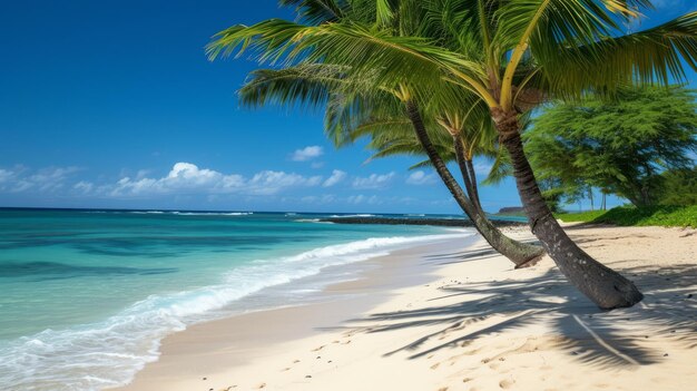 Strand met palmbomen en blauwe oceaan