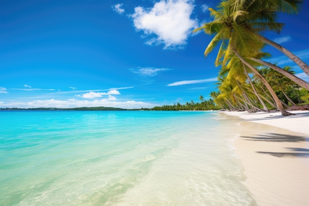 strand met palmbomen en helder blauw water