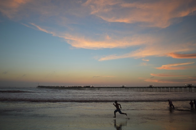 Strand met zee en pier en mensen