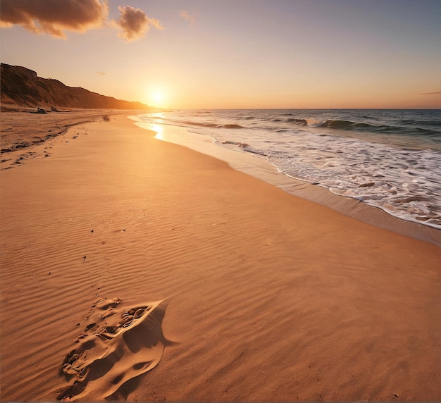 Strand mockup achtergrond voetafdrukken in het zand bij zonsondergang