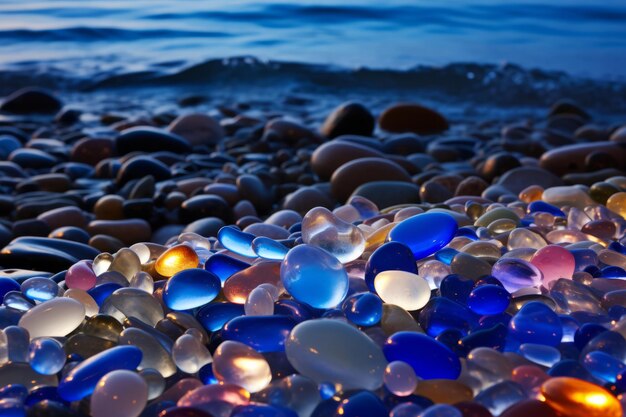 Foto strand onder het maanlicht met veel kleurrijke kiezelstenen