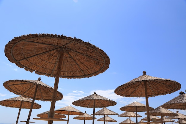 Strand rieten paraplu toppen met blauwe lucht