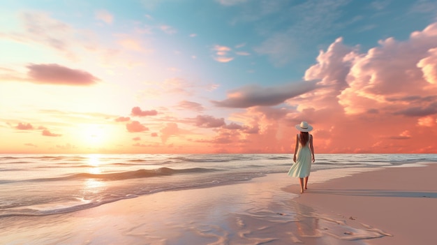 Strand scenario zonsondergang kalme zee wit zand op de voorgrond aantrekkelijk meisje in zomerkleren