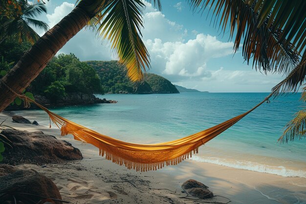 Strand scène met een hangmat die over het water hangt Zomervakantie en tropische vakantie concept