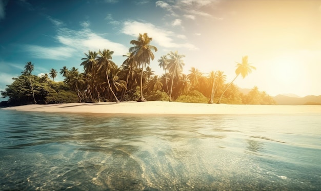 Strand scène met een palmboom en de zon generatieve AI