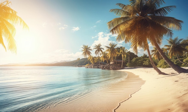 Strand scène met een palmboom en de zon generatieve AI