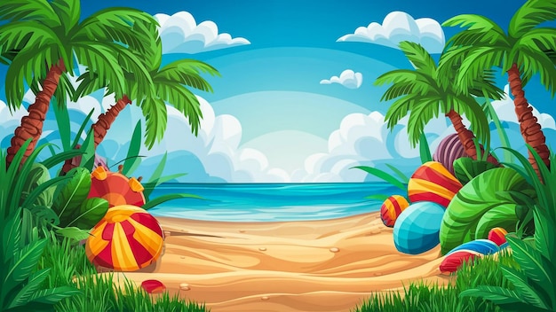 strand scène met strandballen en palmbomen op een zonnige dag