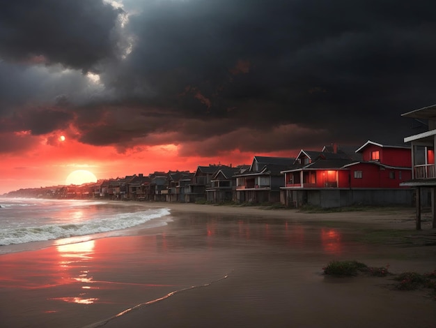 Strand veel huizen alleen rood Zon donkere lucht Regent griezelig