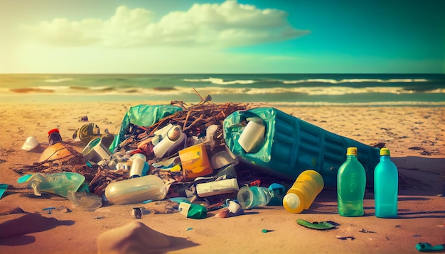 Strand vervuild met plastic afval Generatieve AI Generatieve AI