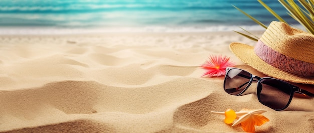 Strandaccessoires op tropisch zand Zomervakantie reizen vakantie concept banner Generatieve AI