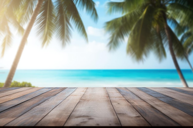 Strandachtergrond met houten tafelzee en palmbomen zomerachtergrond in bokeh-stijl AI